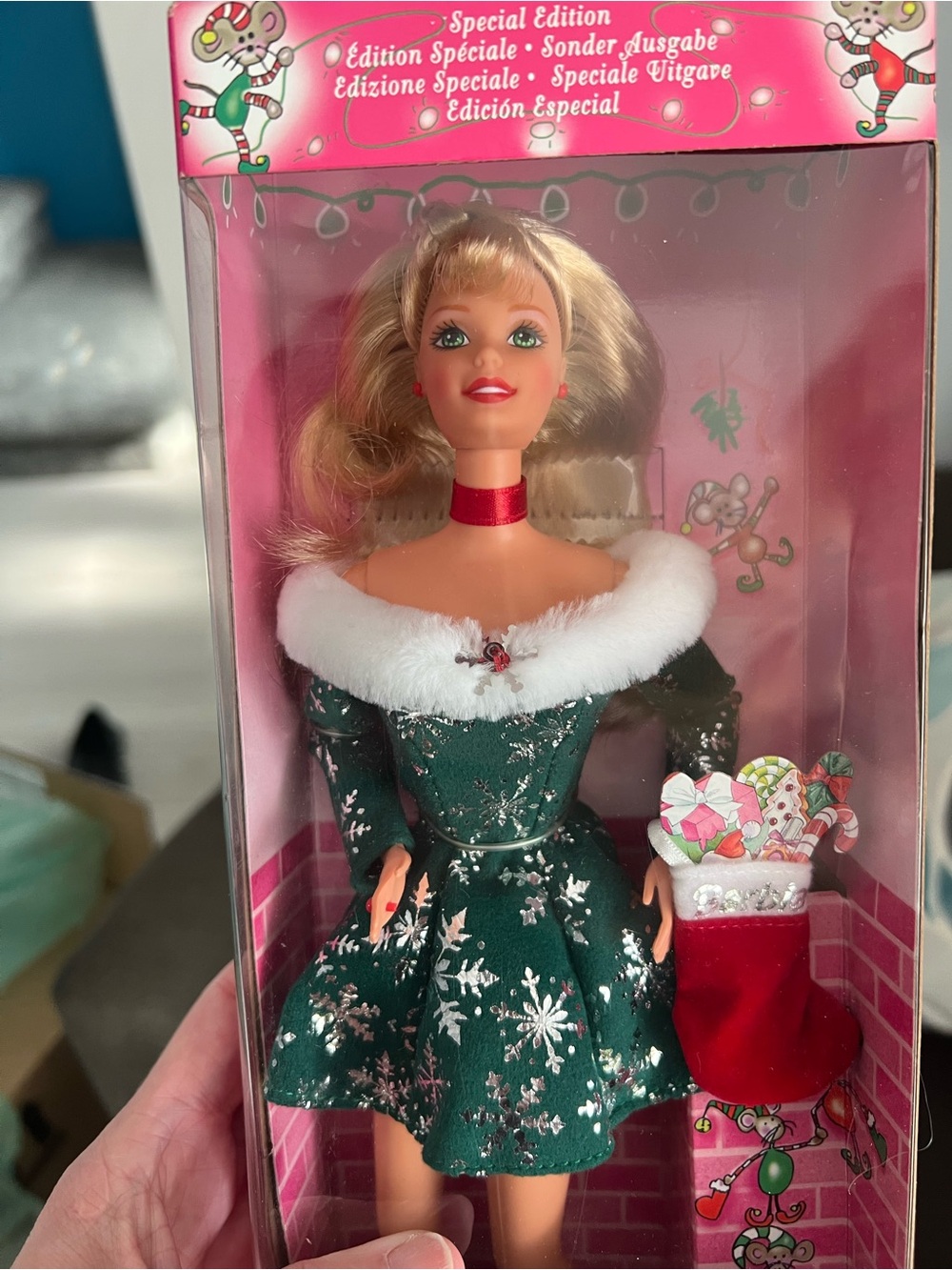 Barbie Green Snowflake Dress Doll with White Fur Trim and Red Stocking